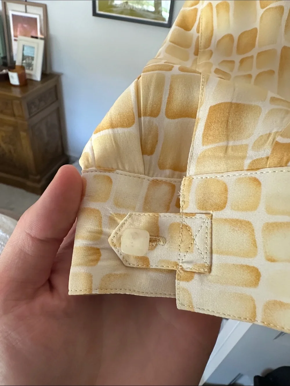 Vintage Starington 100% Silk Yellow Tile-Print Button-Up Blouse
